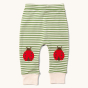 Little Green Radicals Organic Cotton Ladybird Knee Patch Joggers. Madewith GOTS Organic Cotton, these comfy joggers have light green and cream horizontal stripes, and a beautiful ladybird applique on each knee