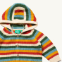 Pattern and button detail on the LGR Rainbow Striped Knitted Hooded Cardigan.