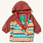 Little Green Radicals Rainbow Striped Recycled Waterproof Windbreaker Jacket with the zip and popper fasteners open to show the inside of the coat