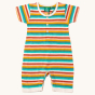 Little Green Radicals Rainbow Striped Organic Shortie Romper, made with GOTS Organic Cotton, on a cream background