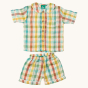 Little Green Radicals Rainbow Double Cloth Button Through Pyjamas. Beautiful striped pajama shorts and button top set made from GOTS Organic Cotton with Yellow, Red, Green and Blue vertical and horizontal stripes 