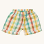 Little Green Radicals Rainbow Double Cloth Button Through Pyjamas. Beautiful striped pajama shorts made from GOTS Organic Cotton with Yellow, Red, Green and Blue vertical and horizontal stripes 