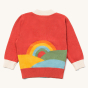 Back of the kids LGR knitted red cardigan showing the rainbow design