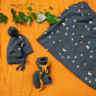 LGR Midnight Blue Knitted Baby Booties with matching hat and scarf on a wooden background.