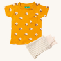 Little Green Radicals Counting Sheep Organic T-Shirt & Jogger Playset. Made from GOTS organic cotton, this t-shirt has a fun sheep print on orange fabric, with light beige and cream striped jogger bottoms