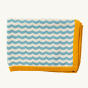 Little Green Radicals Sail Away Organic Cotton Knitted Baby Blanket. Made from GOTS Organic Cotton, this soft blanket has light blue and cream wavy stripes with a yellow boarder