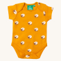 A closer look at the orange with sheep print Little Green Radicals Counting Sheep Organic Baby Body Set - 2 Pack babygrow