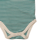 Close up of the Little Green Radicals green striped baby body suit on a white background
