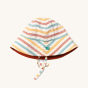 Little Green Radicals Walnut Striped Reversible Sun Hat. A beautiful reversible sunhat made with GOTS Organic Cotton with rainbow stripes and a tie that fastens under the chin, on a cream background
