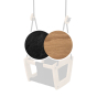 Close up of the Lillagunga eco-friendly wooden toddler swing on a white background