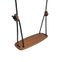 Close up of the Lillagunga eco friendly walnut wooden rope swing with black ropes on a white background 