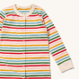 Close up of the front of the LGR Adaptive Rainbow Striped Sleepsuit showing the popper closure details 