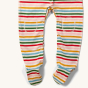 Close up of the knee patch and foot cover details on the LGR Adaptive Rainbow Striped Sleepsuit