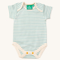 A closer view of the Little Green Radicals Garden Birds Organic Baby Body Set - 2 Pack, light blue and light cream babygrow with yellow popper fasteners on the bottom for easy opening and closing