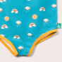 Close up of the gusset on the sunny days print swim costume the pictured on a plain background 