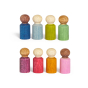 Lubulona handmade wooden waldorf peg doll 8 pack lined up in two rows on a white background