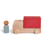 Lubulona eco-friendly peg doll stood next to a red wooden truck toy on a white background