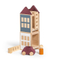 Blocks of the Lubulona handmade beech wood doll town stacked on a white background