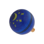 Mader Kreiselmanufaktur Luna Spinning Turn-Over Top. A beautiful midnight, inky blue spinning top with yellow stars and moon, two thin black lines around the middle and a natural wood spinning shaft, on a cream background