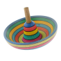 Mader eco-friendly wooden sombrero spinning top in the rainbow striped colour on a white background