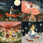 Toverlux Magic Lamp Illustrations by Tijana Draws. The top two images are Fox Mother, Girl and Wolf. The bottom two images are Fairy Sunset and Moon Lover