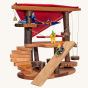 Magic Wood Gnome Home, with the roof canopy open and showing two gnomes happily playing down the slide, one gnome relaxing on a hammock and a gnome sitting down next to the bell at the top talking to another little gnome