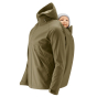 Mens khaki Mamalila eco-friendly allrounder babywearing jacket with a baby in the back pouch on a white background