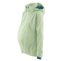 The Mamalila Soft Shell jacket is the ultimate all-rounder jacket for pregnancy, babywearing and beyond, in a solid pale green. Side view with maternity panel fitted.