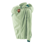 The Mamalila Soft Shell jacket is the ultimate all-rounder jacket for pregnancy, babywearing and beyond, in a solid pale green. Side view showing the babywearing panel zipped into the coat and babywearing hood up. 