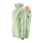 The Mamalila Soft Shell jacket is the ultimate all-rounder jacket for pregnancy, babywearing and beyond, in a solid pale green. Showing the babywearing panel zipped into the back of the coat. 