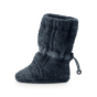 Side view of Mamalili Wool Baby Booties in Navy. Photo shows bootie and ankle fastening