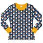 Maxomorra Adult Farm dog print long sleeved top, with navy base colour, white and orange farm dog repeat pattern and contrasting yellow ribbed bindings. Laid on a white background