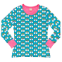 Maxomorra organic long sleeved top for adults has a repeat rainbow and clouds pattern with a turquoise background and coordinated pink trim.