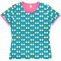 Maxomorra organic short sleeved top for adults has a repeat rainbow and cloud pattern with a turquoise background and coordinated pink trim. On a white background