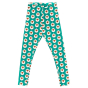 Maxomorra Adult Leggings in Farm Sheep print; a turquoise base with repeat white and brown sheep pattern. Laid on a white background. 