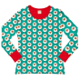The Maxomorra Adult Long Sleeved Top in Farm Sheep print, with a turquoise base, white and brown repeat sheep pattern and contrasting red trim