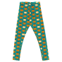 These colourful Maxomorra organic leggings for adults have a bold repeat orange pumpkin pattern on teal blue. White background. 