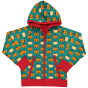 This bright Maxomorra organic zip up hoodie for adults has a bold orange pumpkin repeat pattern on teal blue and contrasting red trim and stretchy cuffs. White background.