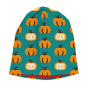 This bright Maxomorra organic velour lined hat for adults has a fun orange pumpkin repeat pattern on teal blue and a red velour lining, which will keep warm and cosy this autumn and winter. White background.
