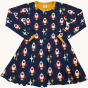 Maxomorra navy blue dress with rocket design and yellow collar and cuff trim