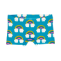 Maxomorra organic boxer briefs for toddlers and children have a repeat rainbow and cloud pattern with a turquoise background. On white background