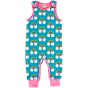 Maxomorra organic dungarees for babies and children have a repeat rainbow and cloud pattern with a turquoise background and coordinated pink trim. On white background
