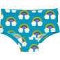 Maxomorra organic hipster briefs for toddlers and children have a repeat rainbow and cloud pattern with a turquoise background. On a white background