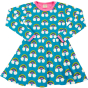 Maxomorra organic skater style dress for babies and children has a repeat rainbow and cloud pattern with a turquoise background and coordinated pink trim. On a white background