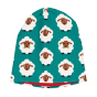 teal velour hat with the sheep print and red lining from maxomorra