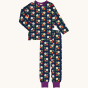 Maxomorra navy blue long sleeve pyjamas, with flower design and purple trim