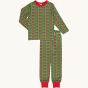 Maxomorra Holly Long Sleeve adult pyjamas in holly design, with green holly leaf and red berry print on green fabric, with red ankle cuffs and red trim on collar