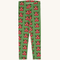 Maxomorra Holly leggings, with green holly leaf and red berry print on green fabric