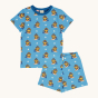 Maxomorra Children's Organic Cotton Monkey Pyjama Set. A light blue fabric with surfing monkey repeated print, with navy blue piping on the neck of the pyjama top