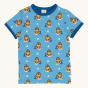 Maxomorra Children's Organic Cotton Monkey Short Sleeve Top. A light blue fabric with surfing monkey repeated print, with navy blue piping on the neck and sleeves